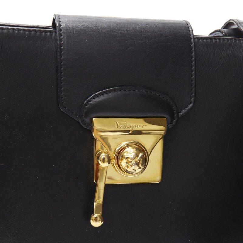 vintage SALVATORE FERRAGAMO black smooth leather gold clasp lock shoulder bag 2