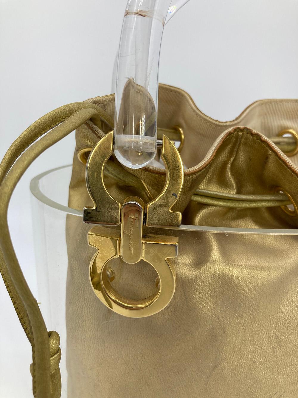 Brown Vintage Salvatore Ferragamo Ganchini Clear Acrylic Bucket Bag with Gold Pouch For Sale