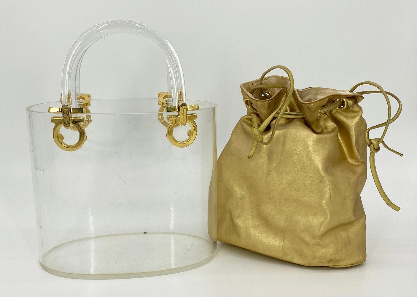 Vintage Salvatore Ferragamo Ganchini Clear Acrylic Bucket Bag with Gold Pouch For Sale 1