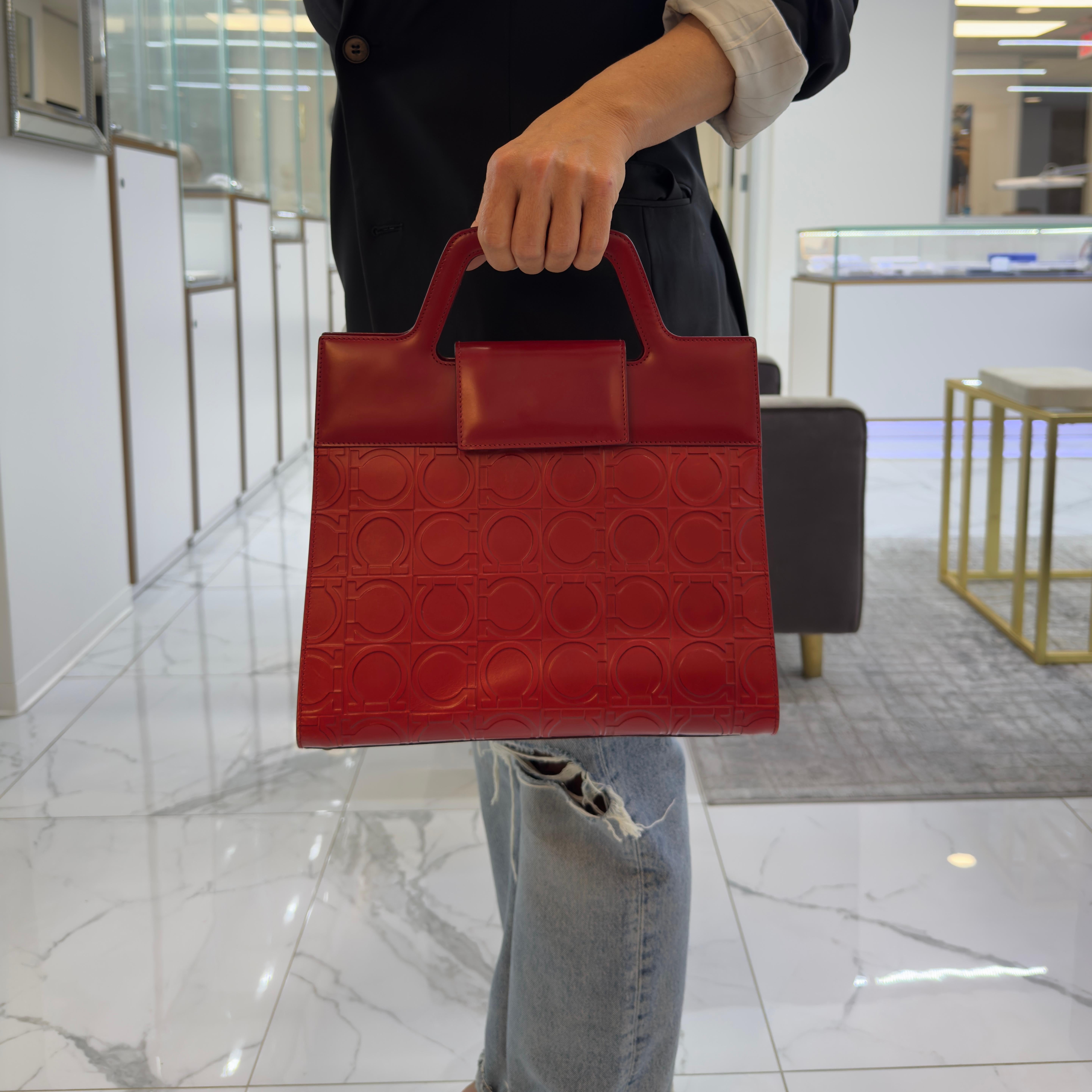 Vintage Salvatore Ferragamo Gancini Bw-21 1858 Rot Leder Top Handle Handtasche im Angebot 5