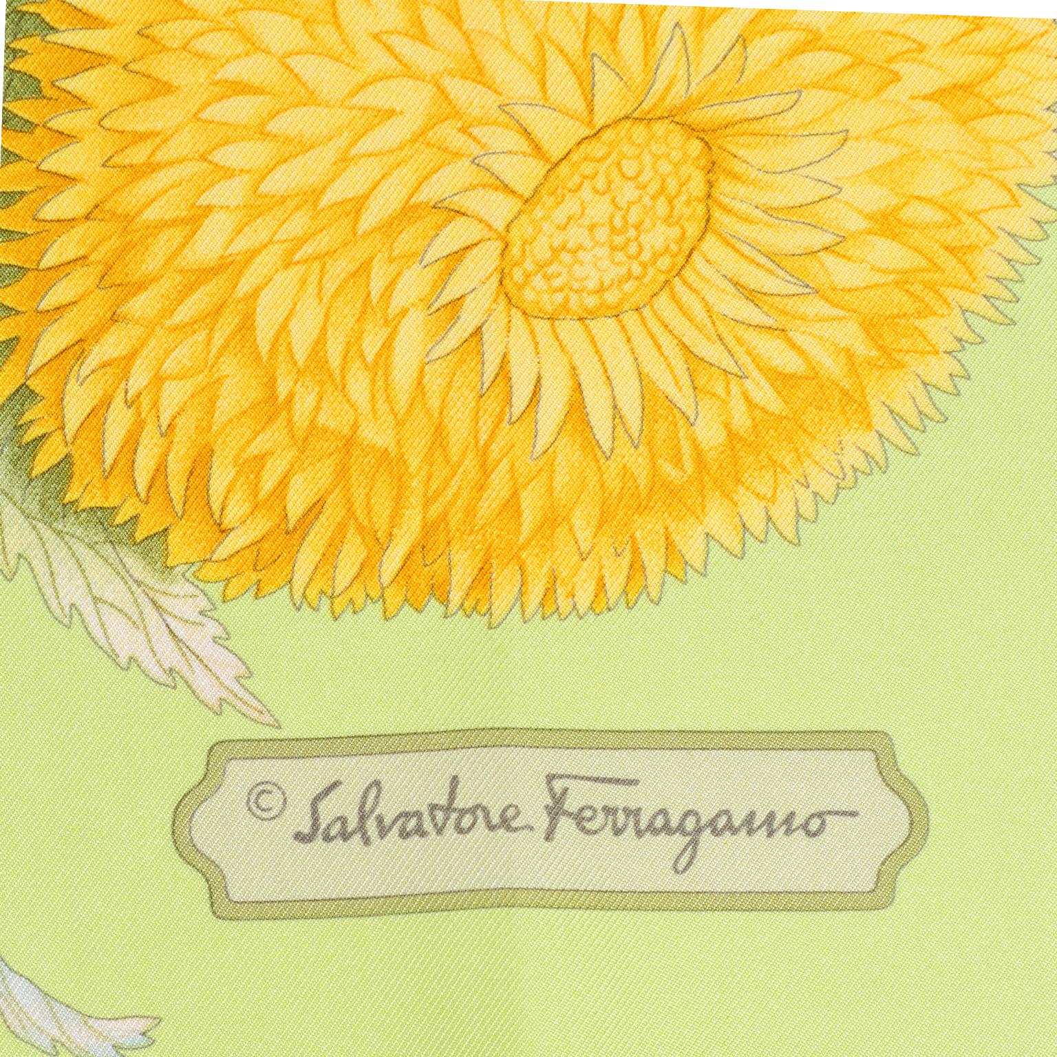 Vintage Salvatore Ferragamo Green Yellow and White Silk Floral Print Scarf 2
