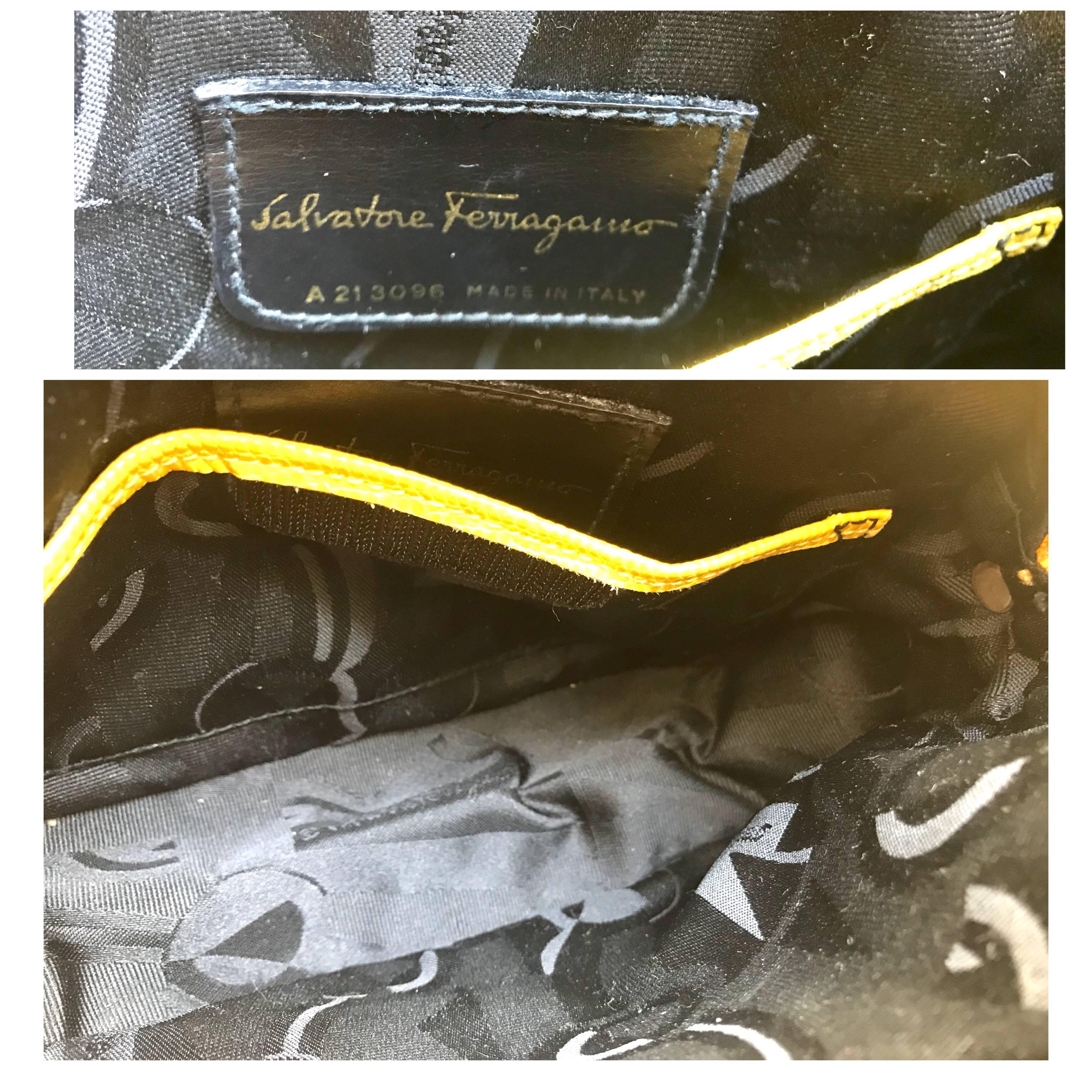 Vintage Salvatore Ferragamo lizard embossed yellow leather shoulder bag. Vara For Sale 1