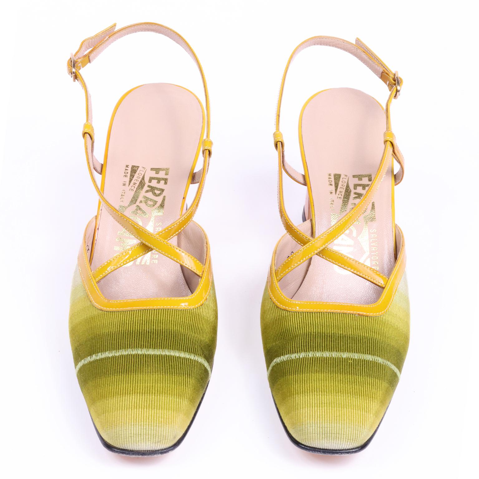 Orange Salvatore Ferragamo - Chaussures vintage à bride arrière vertes et jaunes effet dégradé en vente