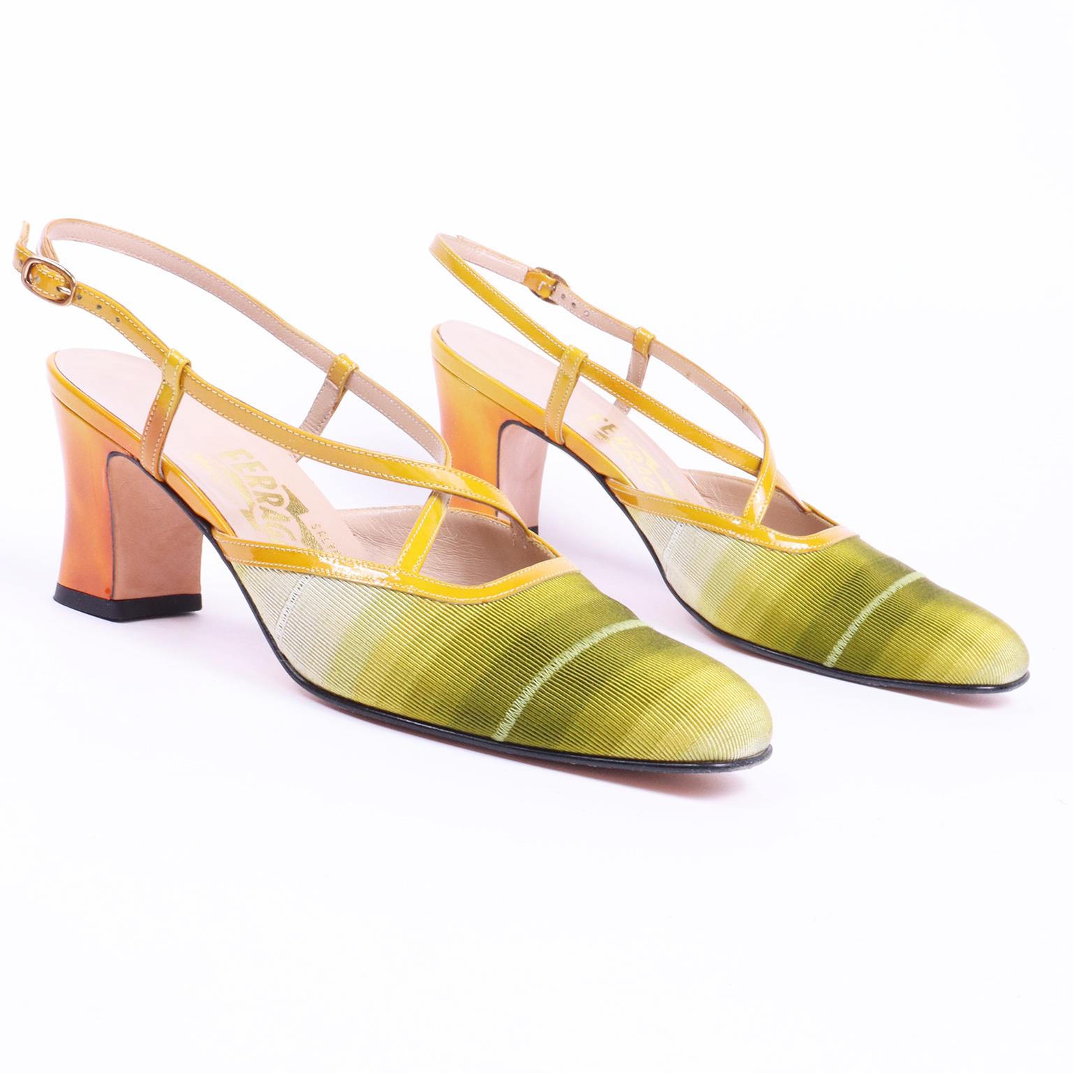 Salvatore Ferragamo - Chaussures vintage à bride arrière vertes et jaunes effet dégradé Excellent état - En vente à Portland, OR