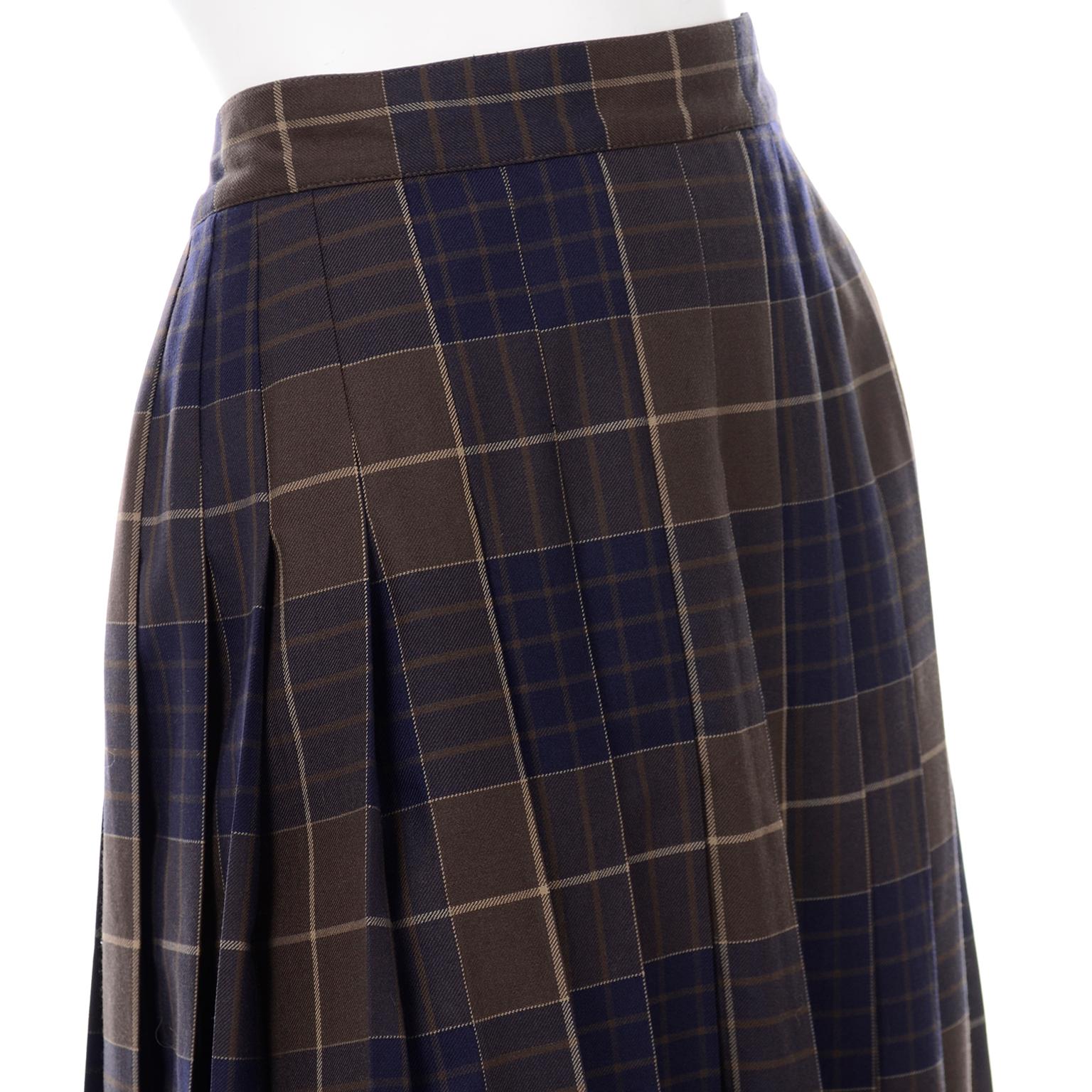 Black Vintage Salvatore Ferragamo Pleated Brown & Blue Pleated Plaid Midi Skirt