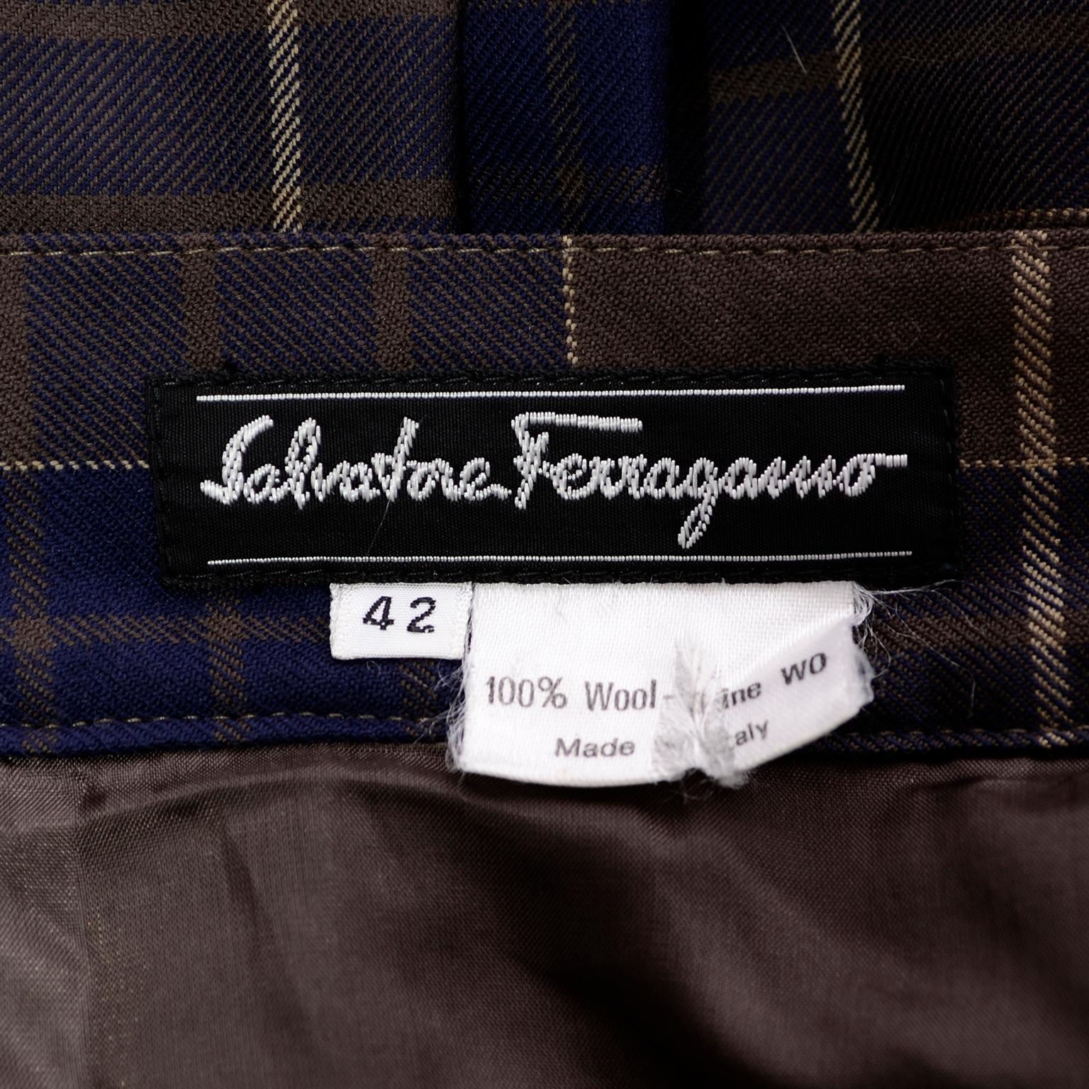 Vintage Salvatore Ferragamo Pleated Brown & Blue Pleated Plaid Midi Skirt In Excellent Condition In Portland, OR