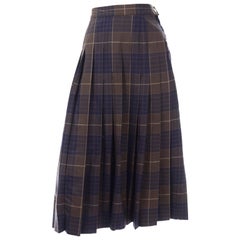 Vintage Salvatore Ferragamo Pleated Brown & Blue Pleated Plaid Midi Skirt