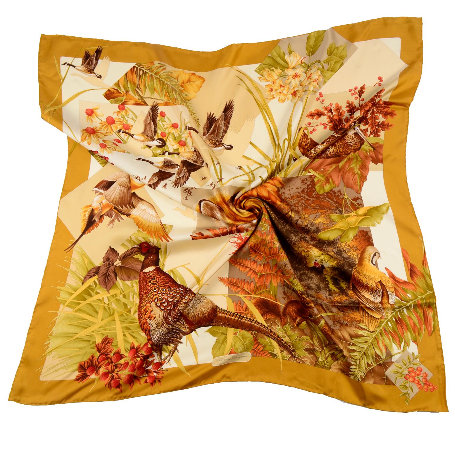 Vintage Salvatore Ferragamo Silk Fall Game Bird Hunt Theme Scarf at 1stDibs