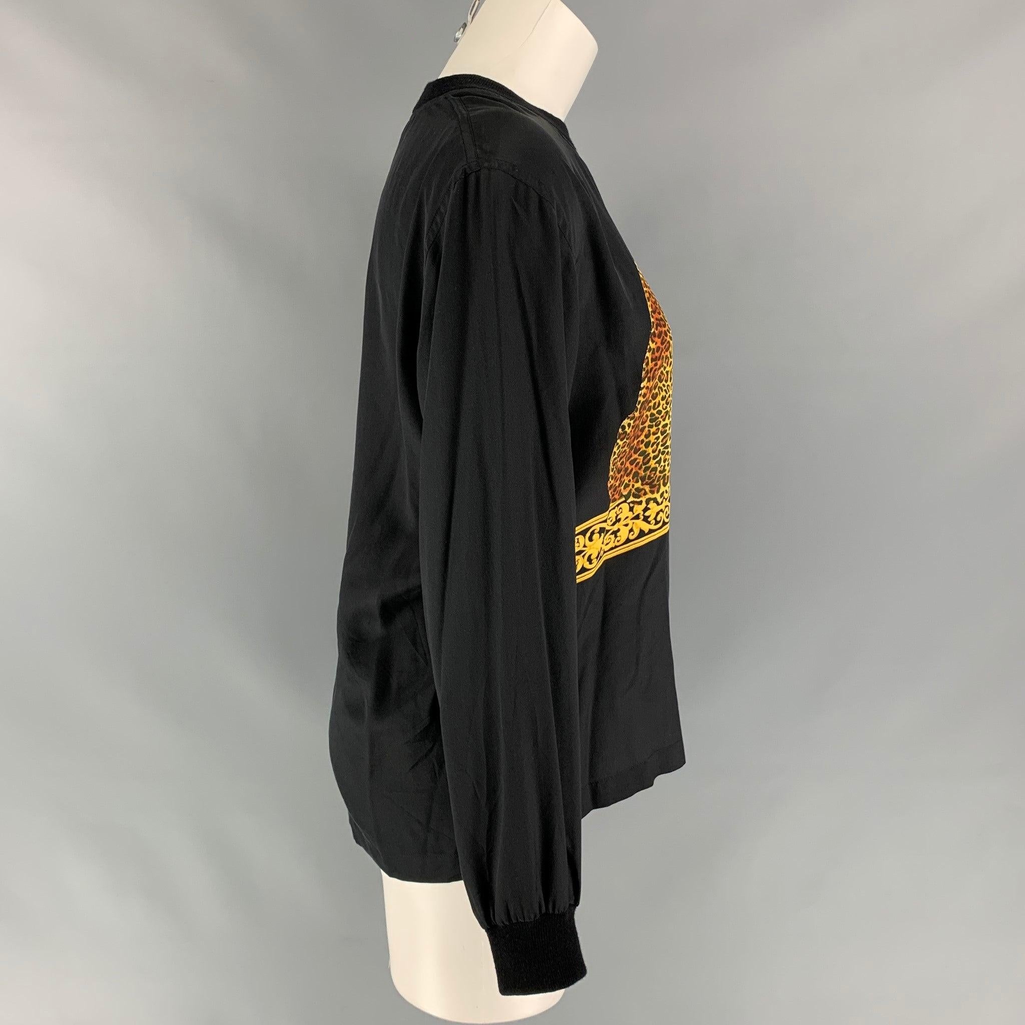 Vintage SALVATORE FERRAGAMO Size M Black & Beige Tiger Print Silk Blouse In Good Condition For Sale In San Francisco, CA