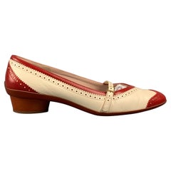 Vintage SALVATORE FERRAGAMO Sz. 7.5 Red&White Leather Perforated Mary Jane Flats