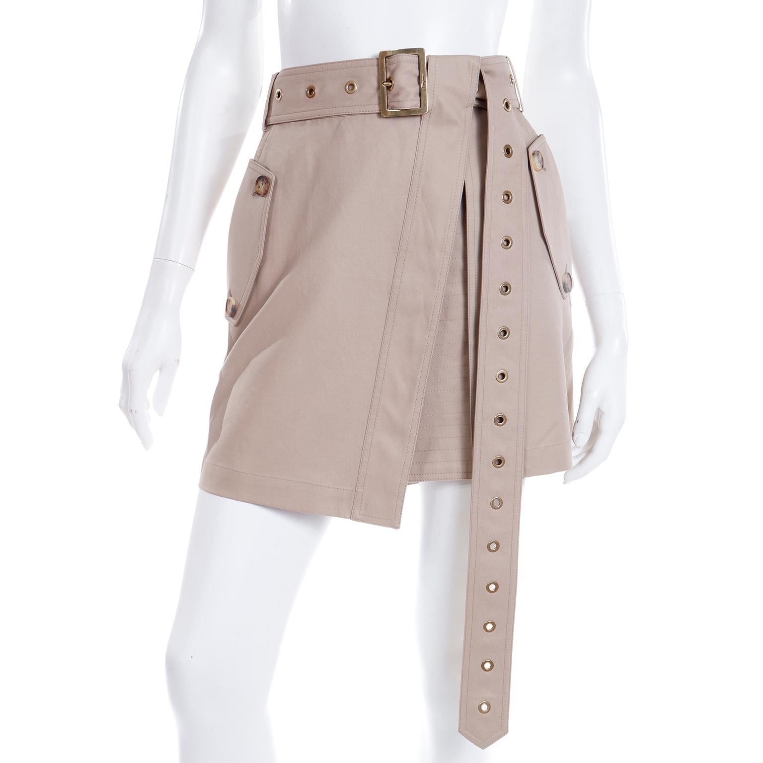 Vintage Salvatore Ferragamo Tan Jacket & Mini Skirt Suit Outfit with Belt 3