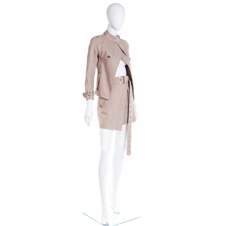 Vintage Salvatore Ferragamo Tan Jacket and Mini Skirt Suit Outfit with Belt  For Sale at 1stDibs