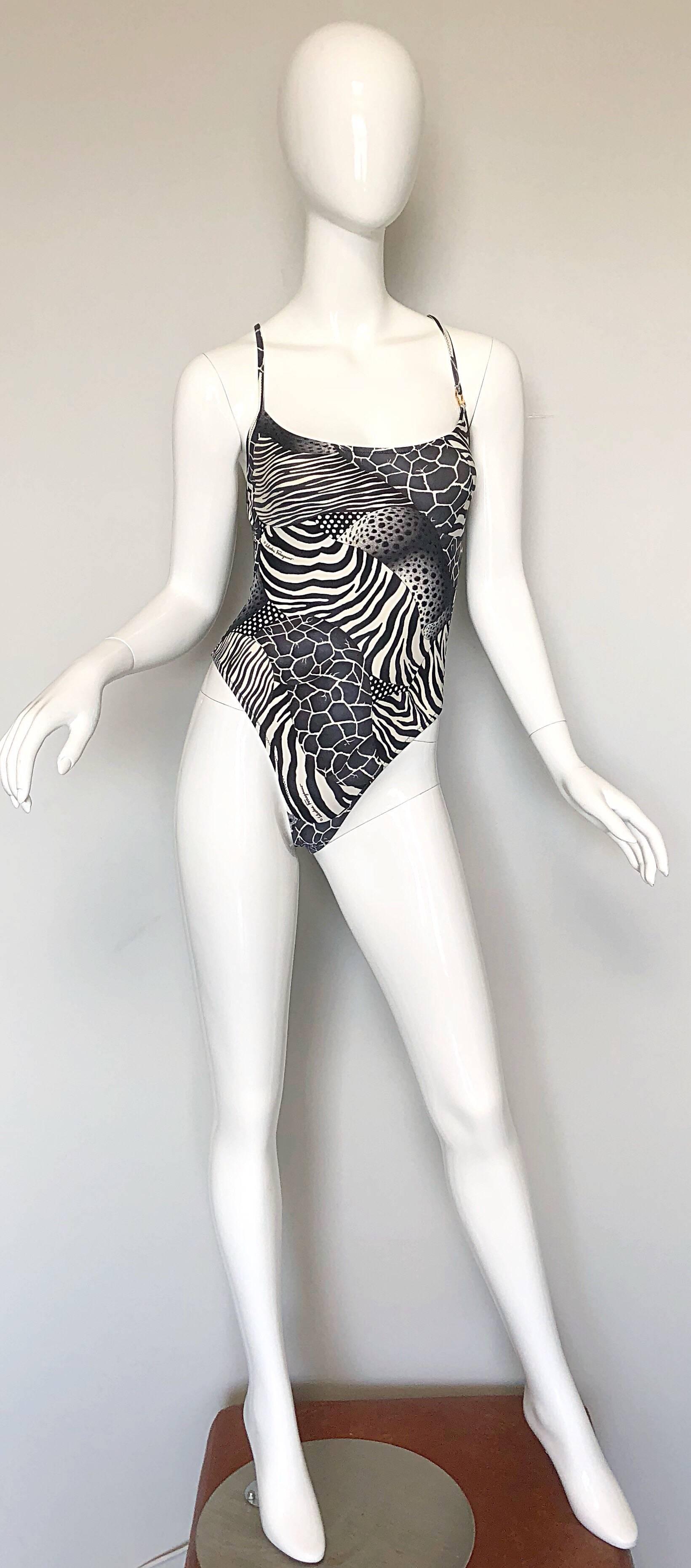 Vintage Salvatore Ferragomo 1990s Black and White Animal Print Swimsuit Bodysuit 5