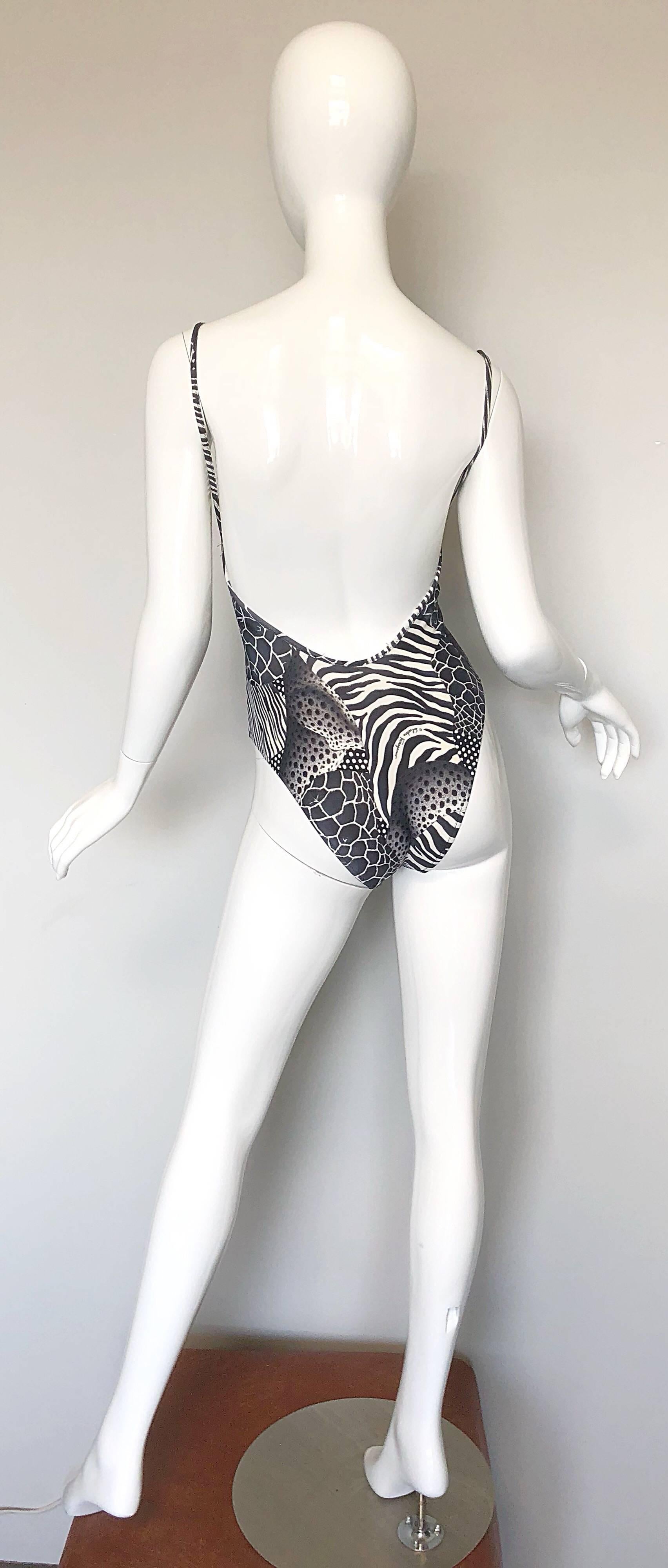 Vintage Salvatore Ferragomo 1990s Black and White Animal Print Swimsuit Bodysuit In Excellent Condition In San Diego, CA