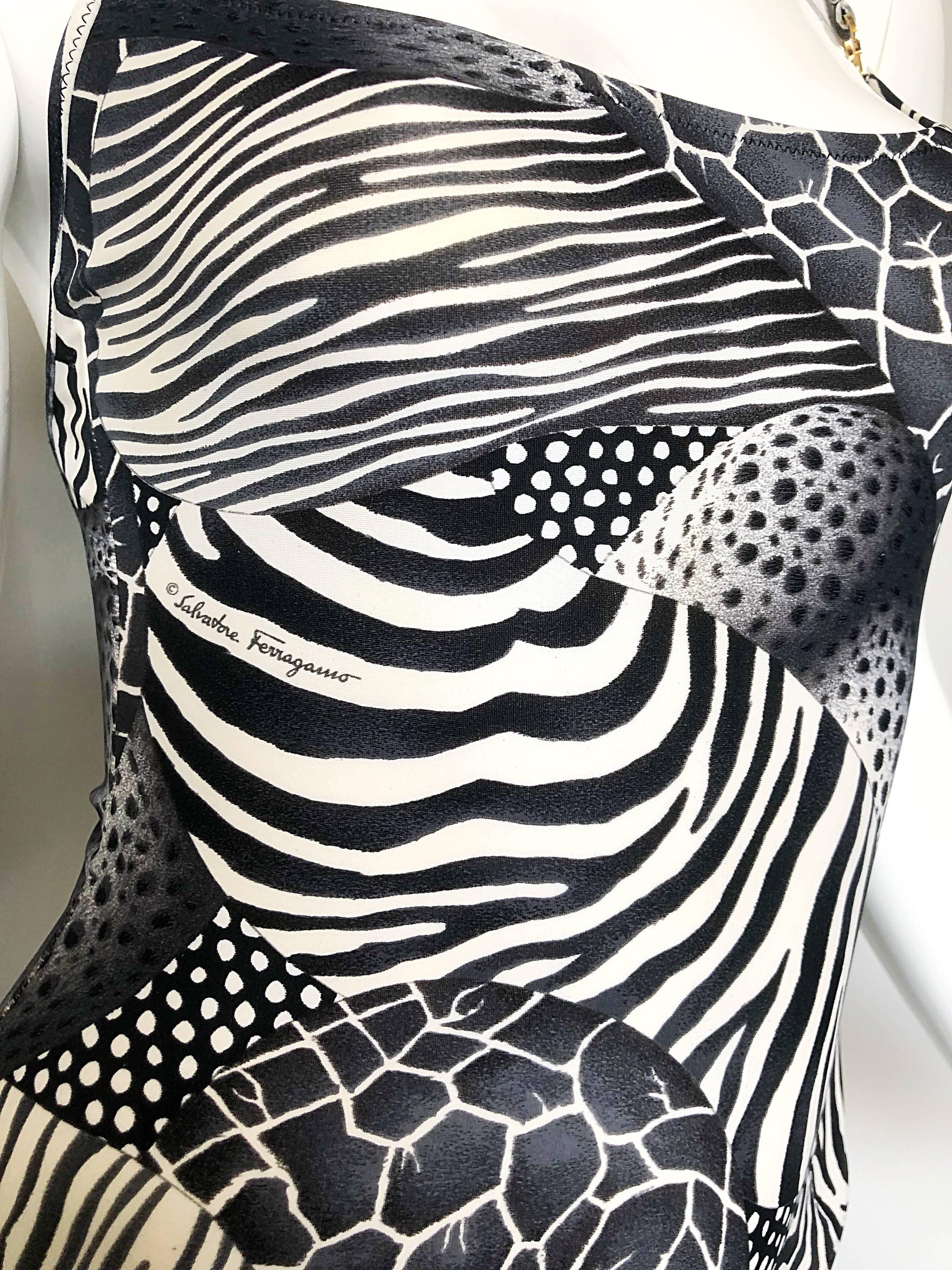Women's Vintage Salvatore Ferragomo 1990s Black and White Animal Print Swimsuit Bodysuit