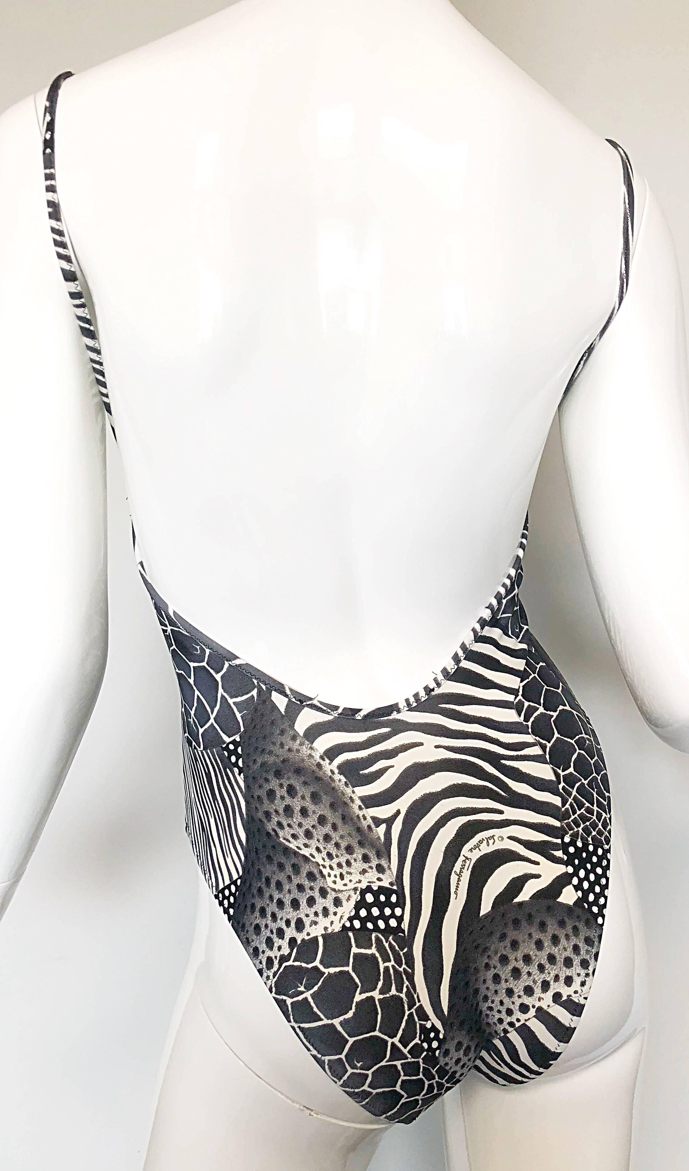 Vintage Salvatore Ferragomo 1990s Black and White Animal Print Swimsuit Bodysuit 2