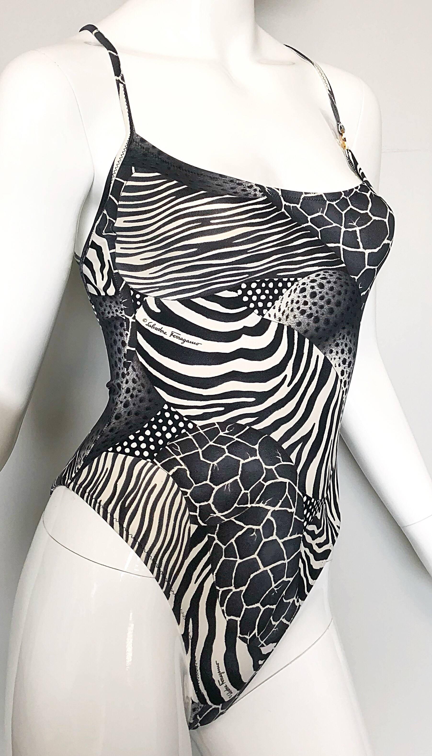 Vintage Salvatore Ferragomo 1990s Black and White Animal Print Swimsuit Bodysuit 4