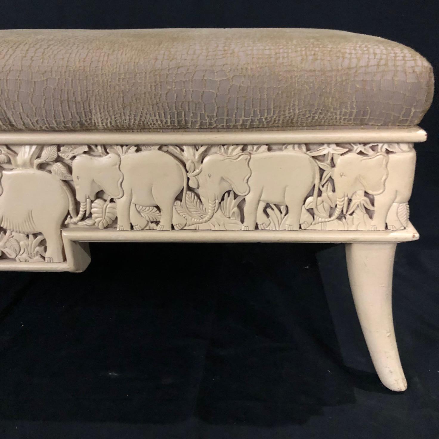 Vintage Sam Moore Carved Wood Upholstered Top Elephant Bench 7
