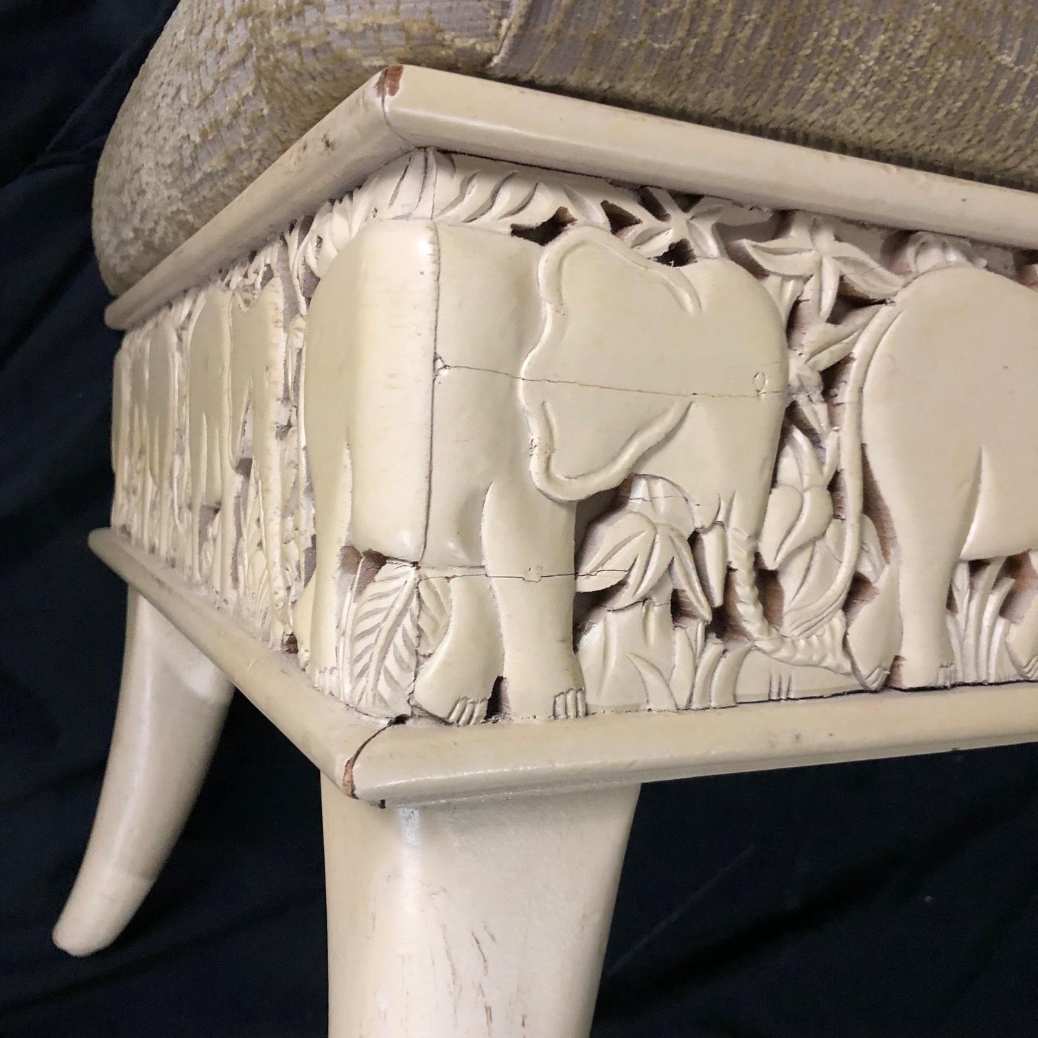 Vintage Sam Moore Carved Wood Upholstered Top Elephant Bench 8