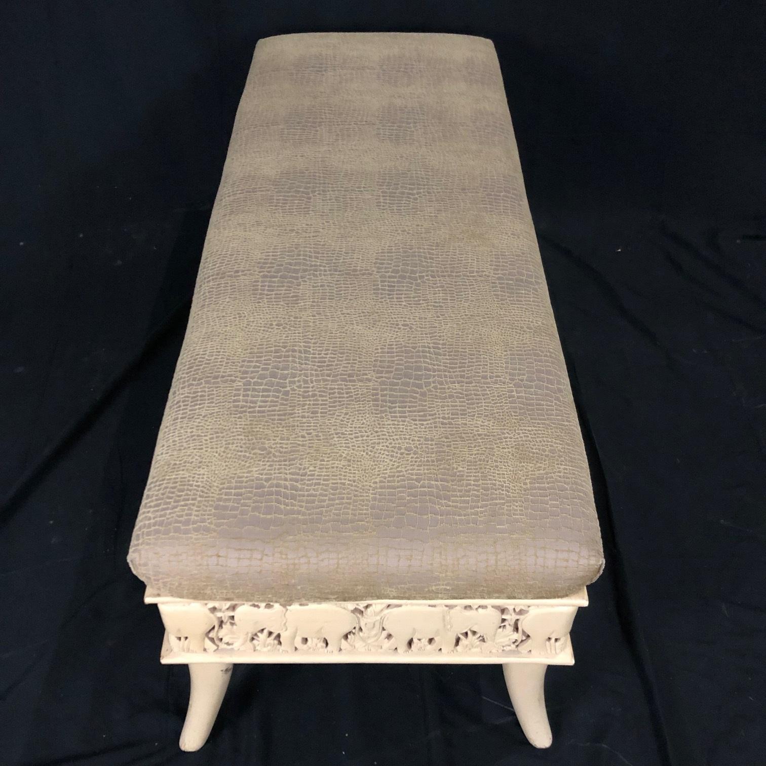 Vintage Sam Moore Carved Wood Upholstered Top Elephant Bench In Good Condition In Hopewell, NJ