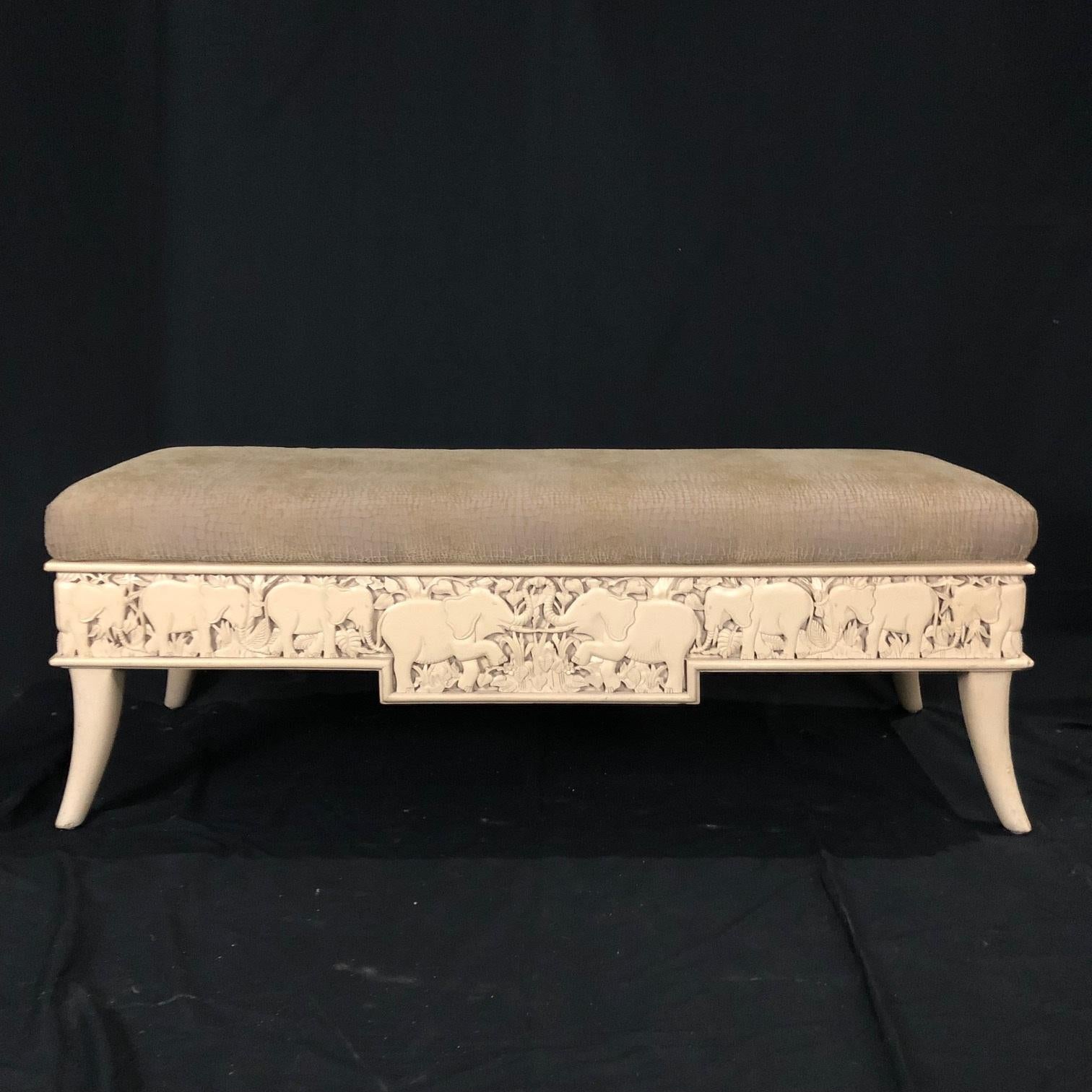 Mid-20th Century Vintage Sam Moore Carved Wood Upholstered Top Elephant Bench