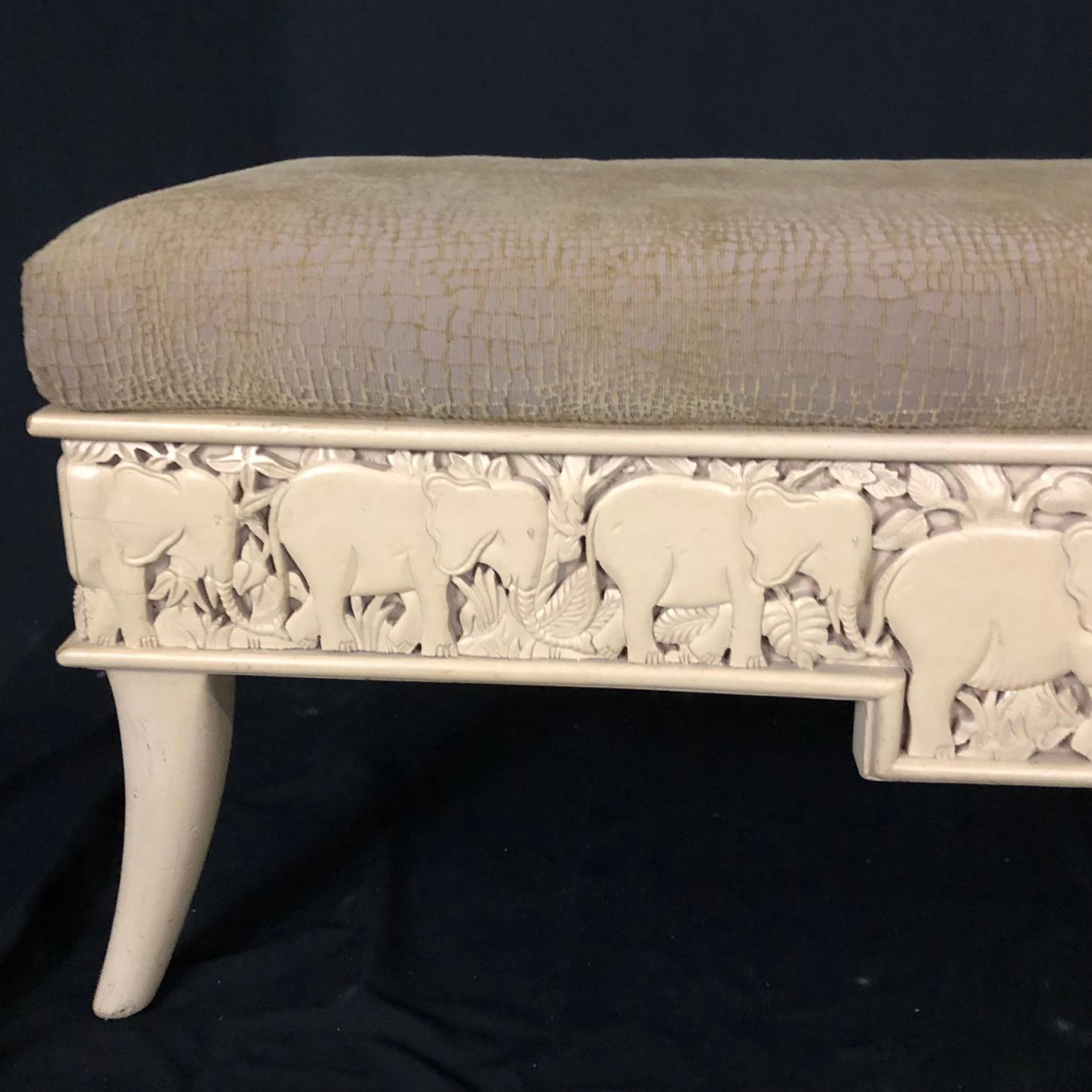 Vintage Sam Moore Carved Wood Upholstered Top Elephant Bench 1