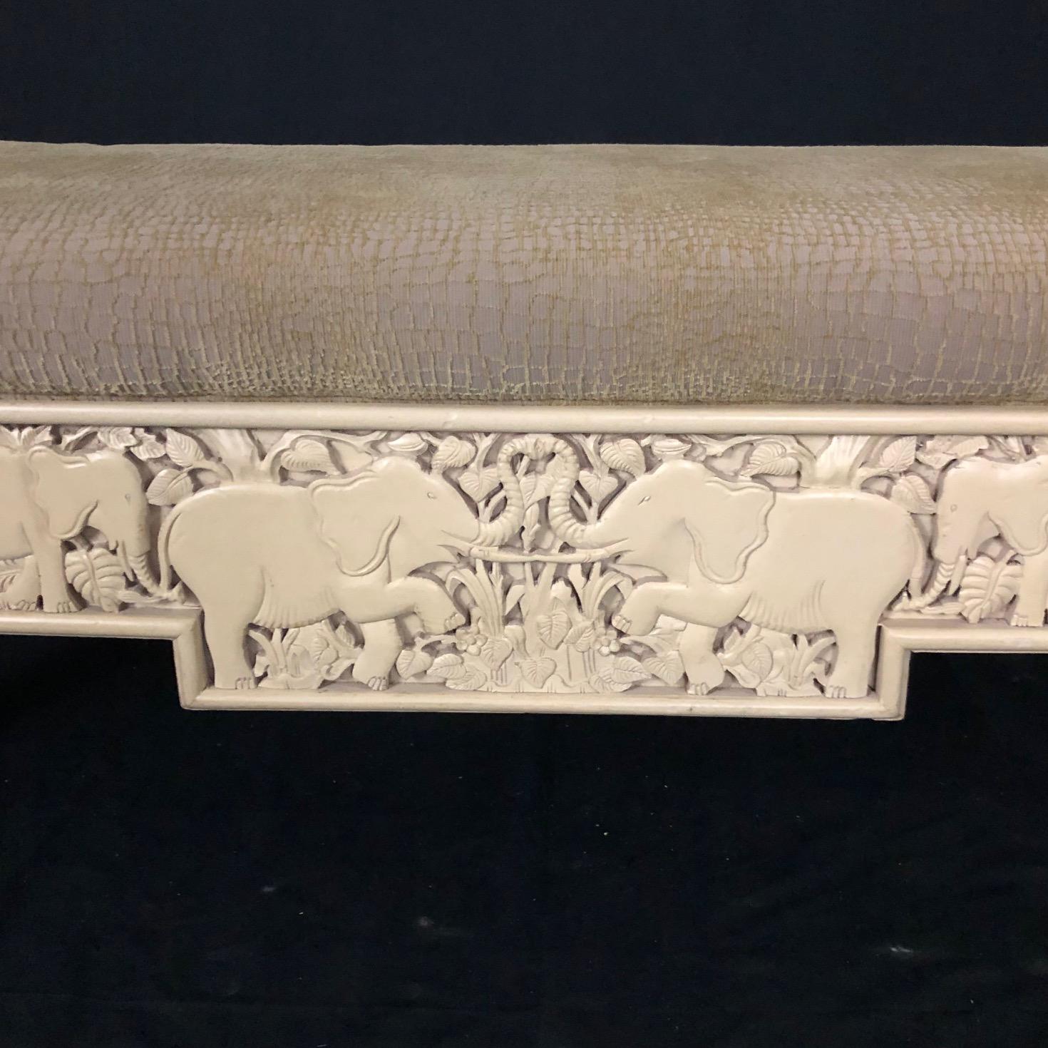 Vintage Sam Moore Carved Wood Upholstered Top Elephant Bench 2