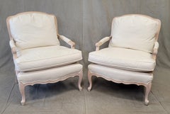 Vintage Sam Moore Custom Ivory Leather French Bergere Chairs, a Pair