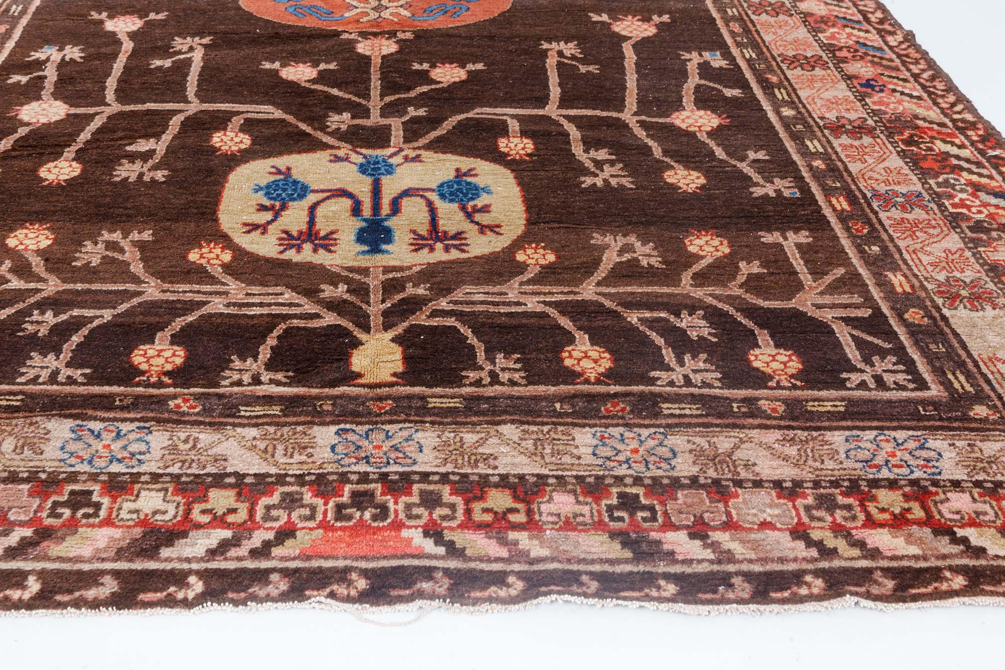 Hand-Knotted Vintage Samarkand Brown Handmade Wool Rug For Sale