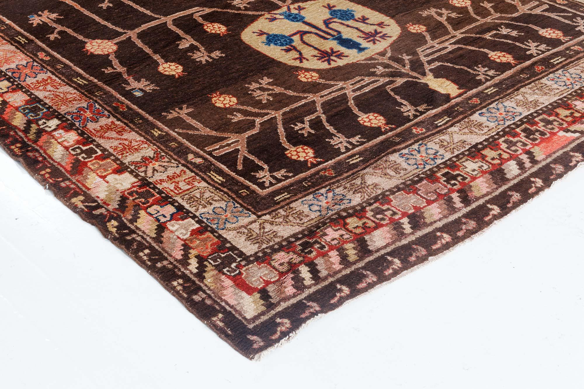 Vintage Samarkand Brown Handmade Wool Rug In Good Condition For Sale In New York, NY