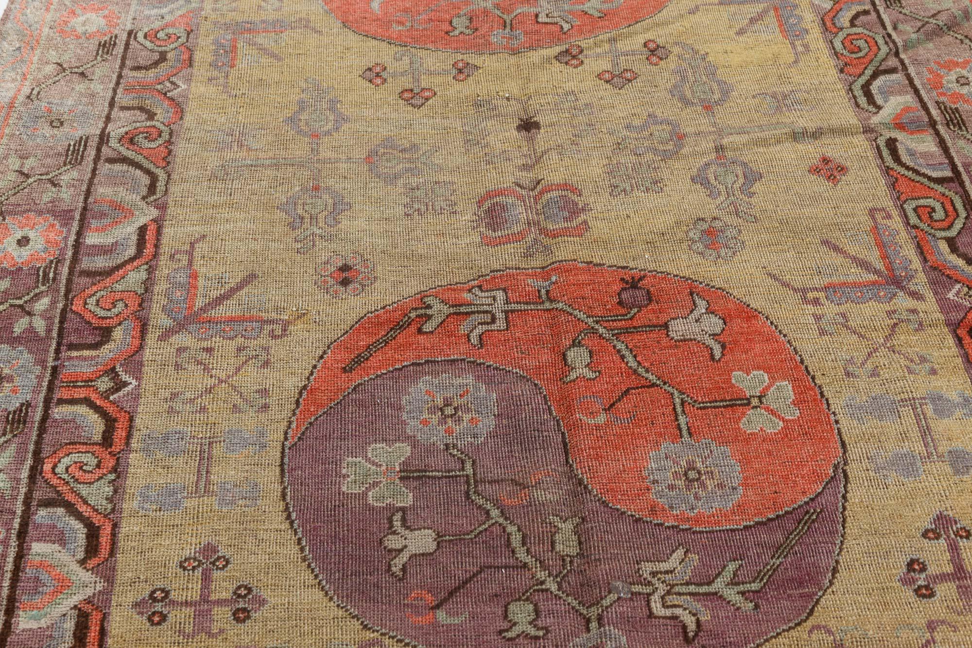 Hand-Woven Vintage Samarkand Khotan Green Handmade Wool Carpet For Sale