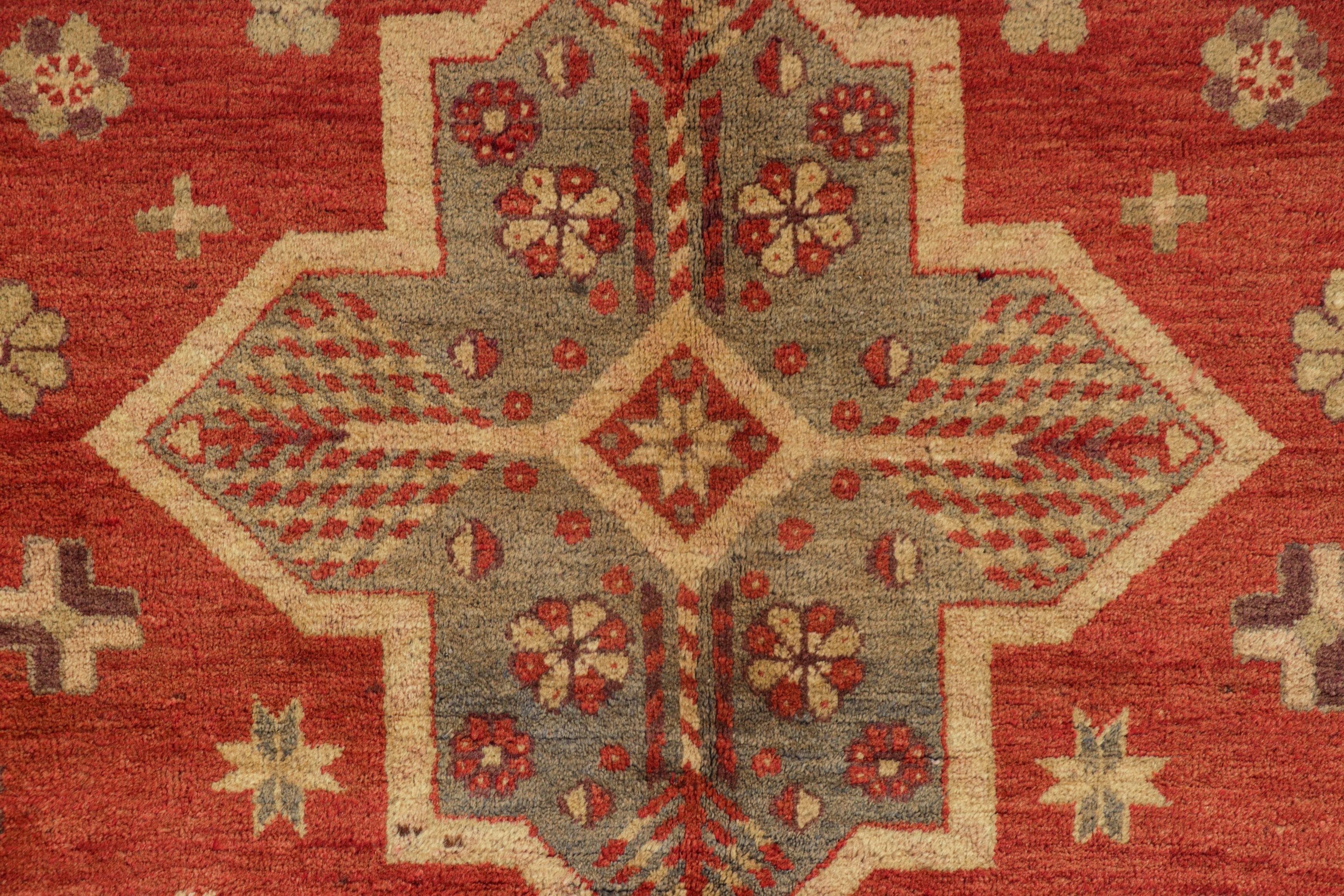 East Turkestani Vintage Samarkand Rug in Beige and Red with Geometric Medallions - Rug & Kilim For Sale