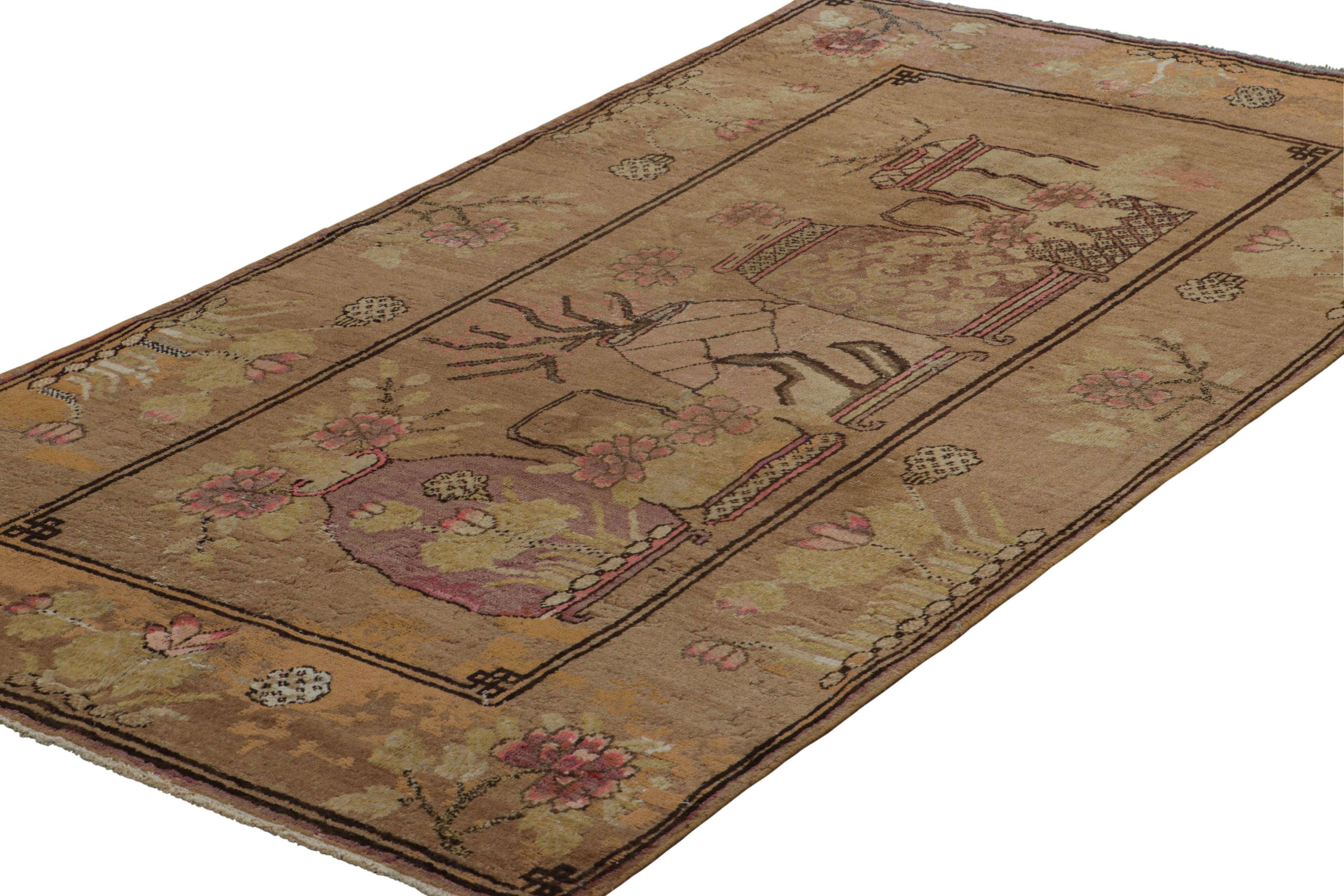 Hand-Knotted Vintage Samarkand Rug in Beige-Brown with Rare Pictorial Design - Rug & Kilim For Sale