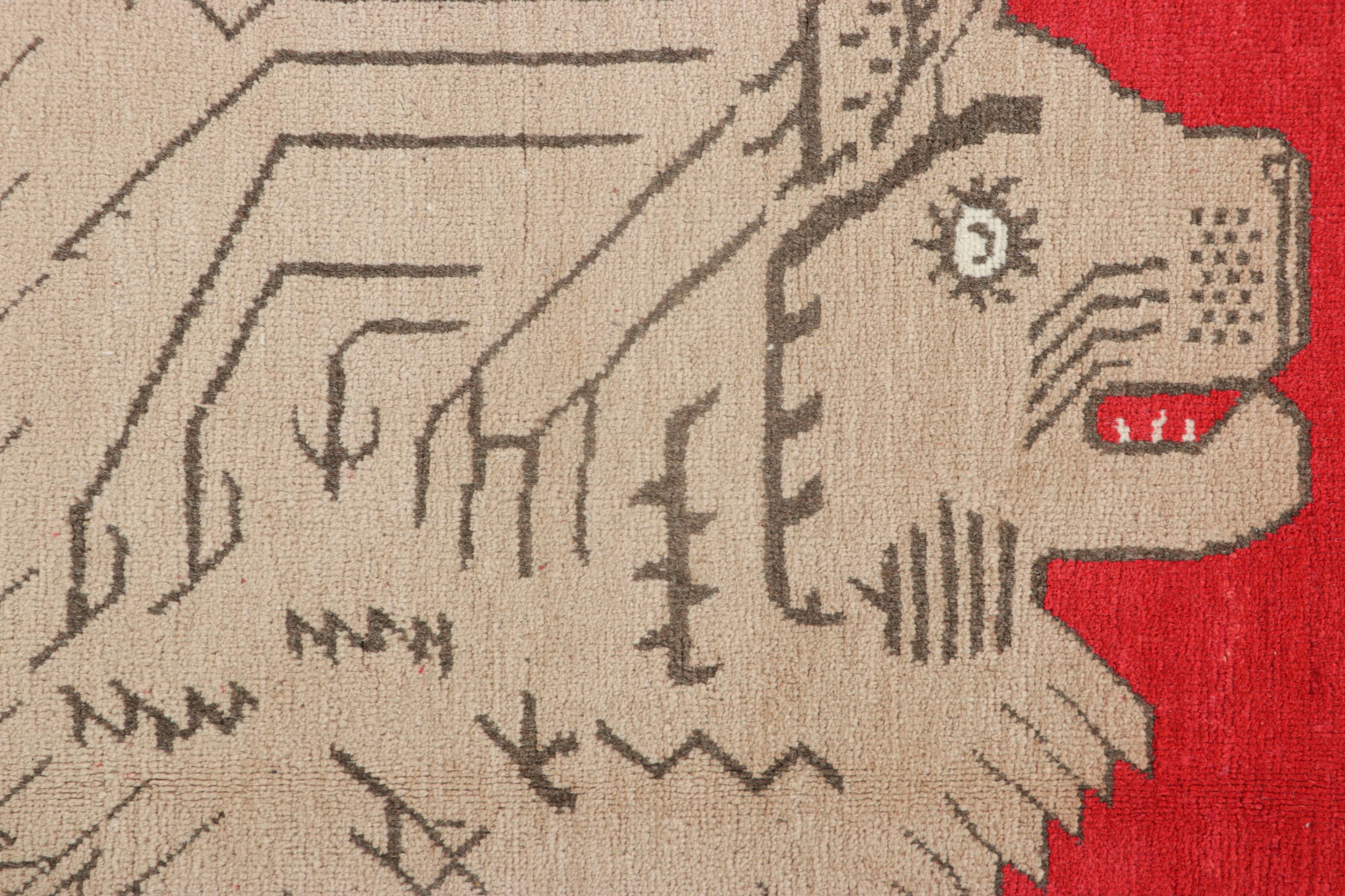 East Turkestani Vintage Samarkand Rug in Red with Rare Lion Pictorial Design - Rug & Kilim For Sale
