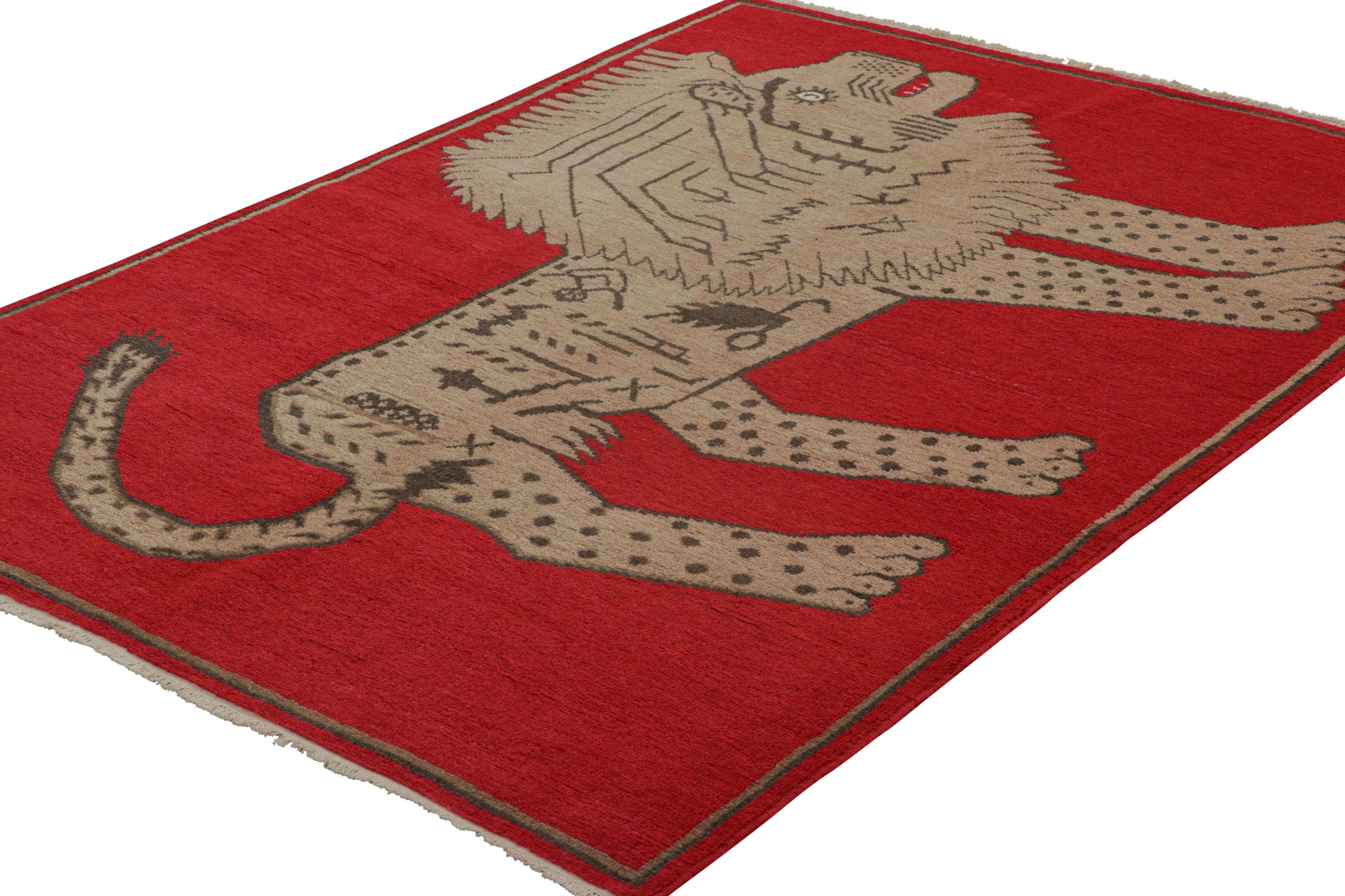 Hand-Knotted Vintage Samarkand Rug in Red with Rare Lion Pictorial Design - Rug & Kilim For Sale