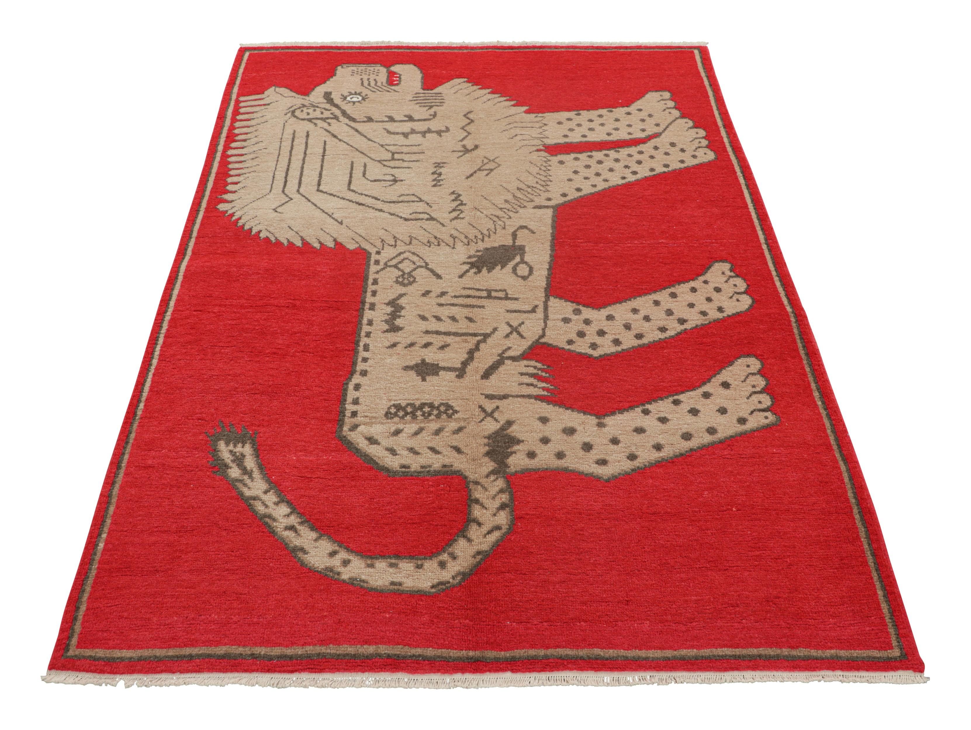 Vintage Samarkand Rug in Red with Rare Lion Pictorial Design - Rug & Kilim In Good Condition For Sale In Long Island City, NY