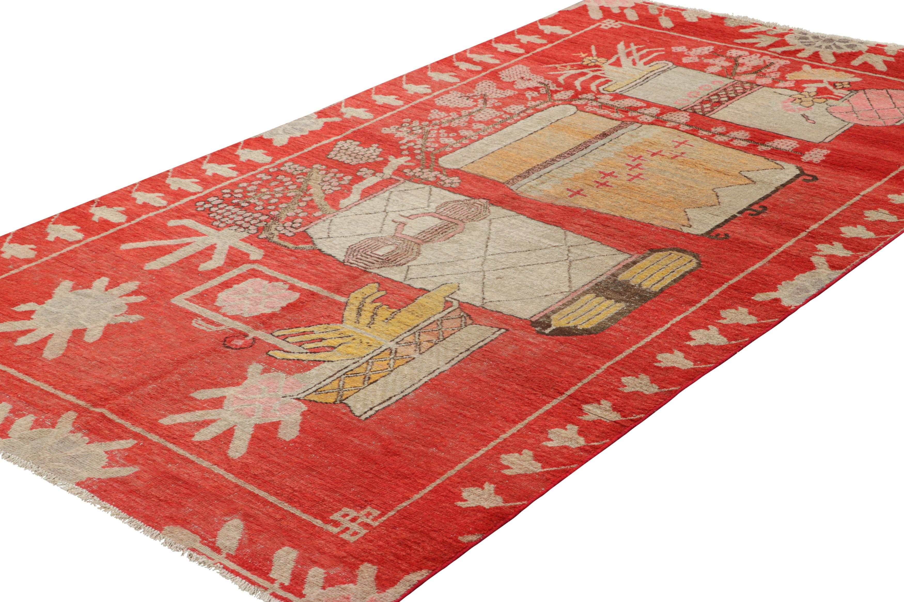 East Turkestani Vintage Samarkand Rug in Red with Rare Pictorial Design - Rug & Kilim For Sale