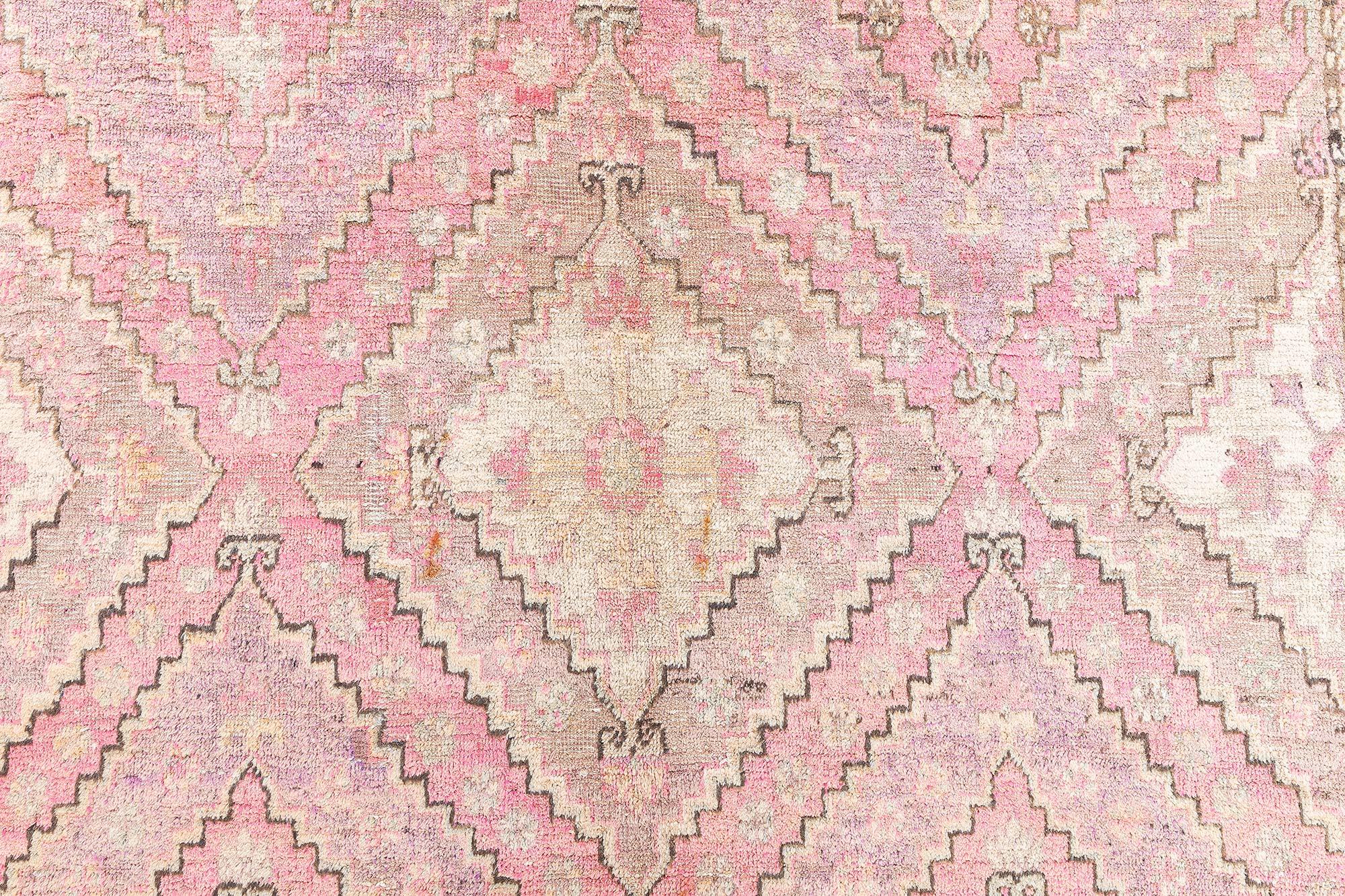 Hand-Knotted Vintage Samarkand Rug – Vibrant Pink Geometric Elegance, Doris Leslie Blau For Sale
