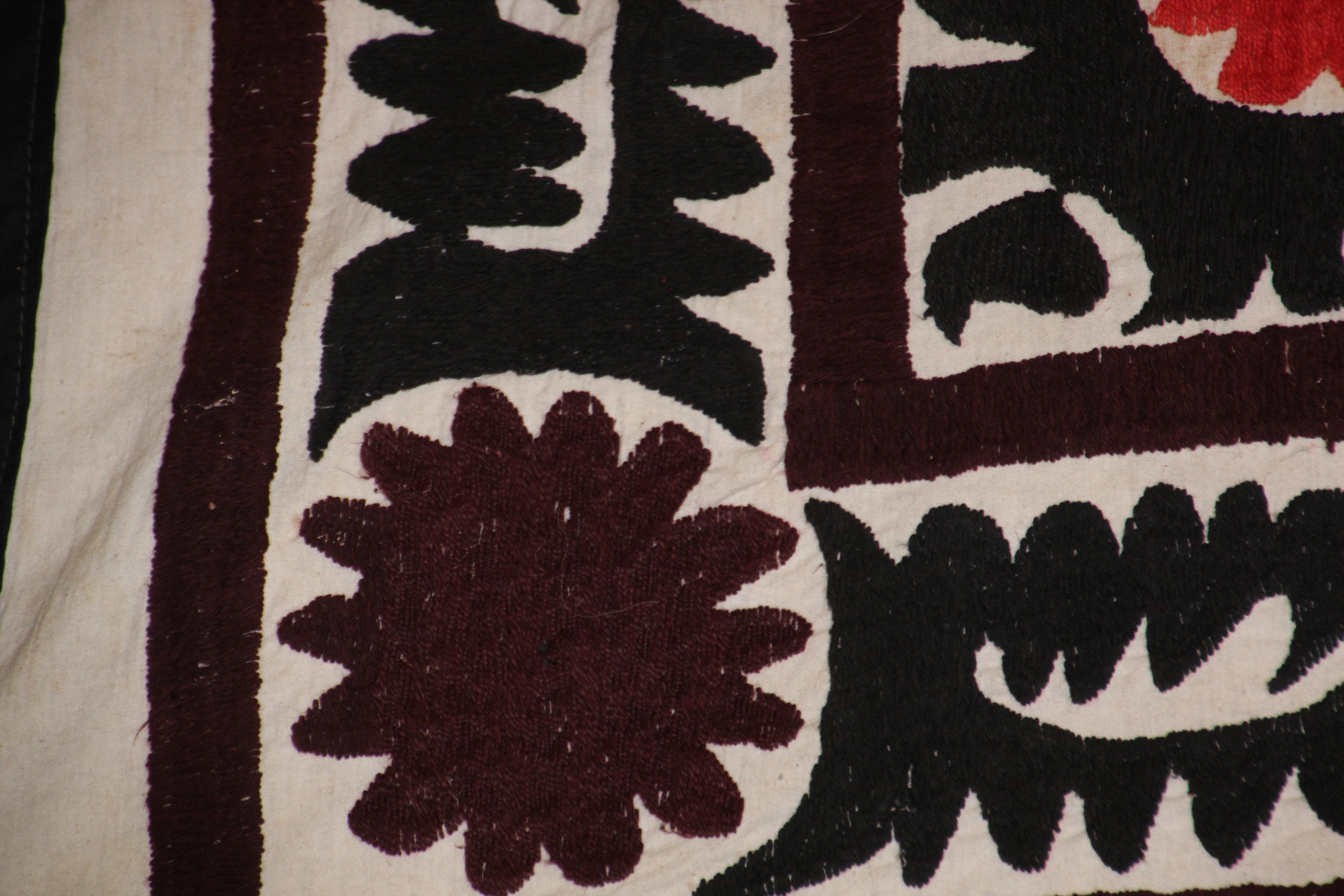 Vintage Samarkand Suzani, Uzbekistan Embroidered Textile Red and Black For Sale 2