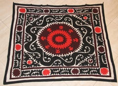 Vintage Samarkand Suzani, Uzbekistan Embroidered Textile Red and Black