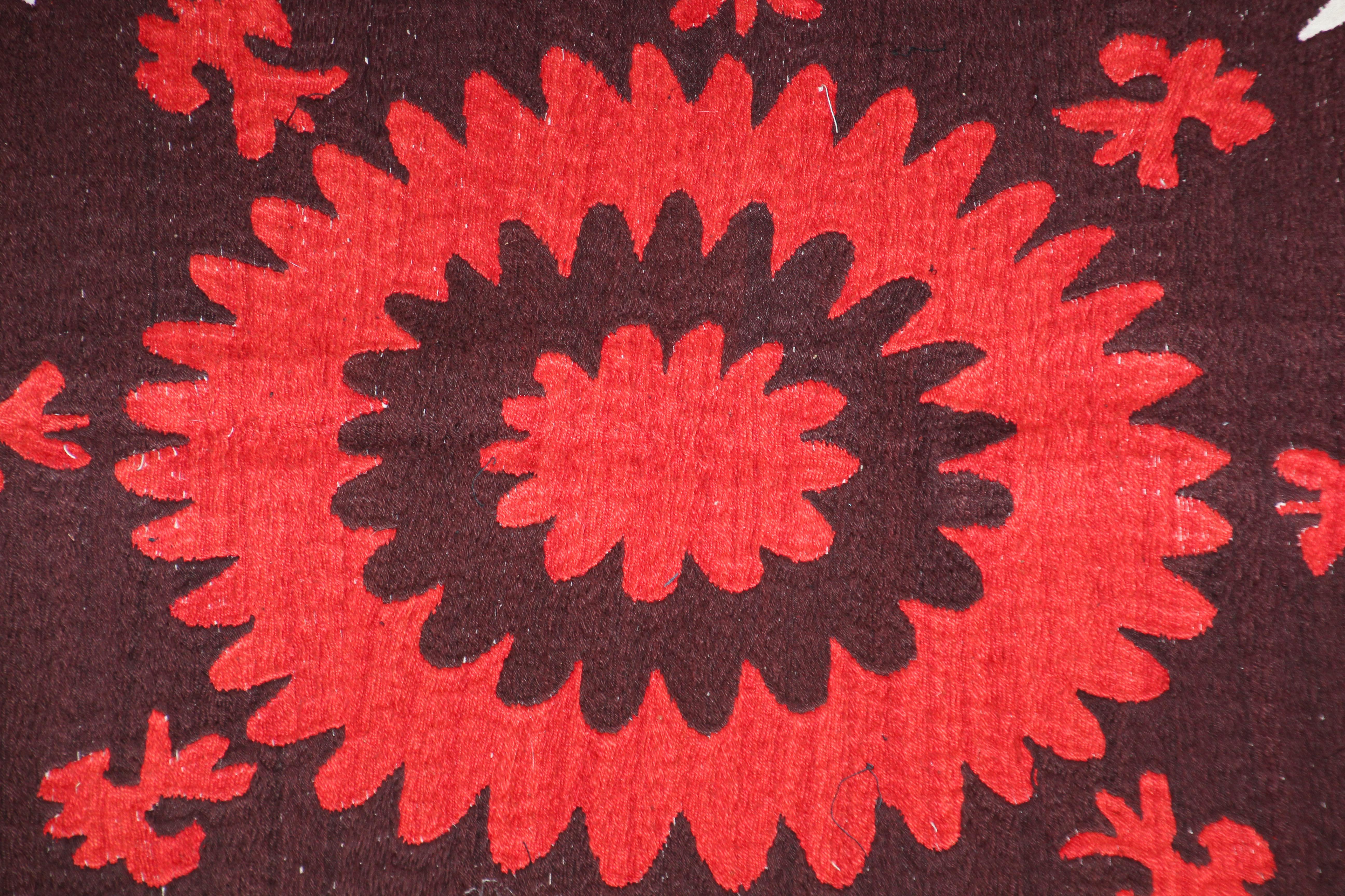 Folk Art Vintage Samarkand Suzani, Uzbekistan Embroidered Textile Red and Black For Sale