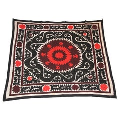 Vintage Samarkand Suzani, Uzbekistan Embroidered Textile Red and Black