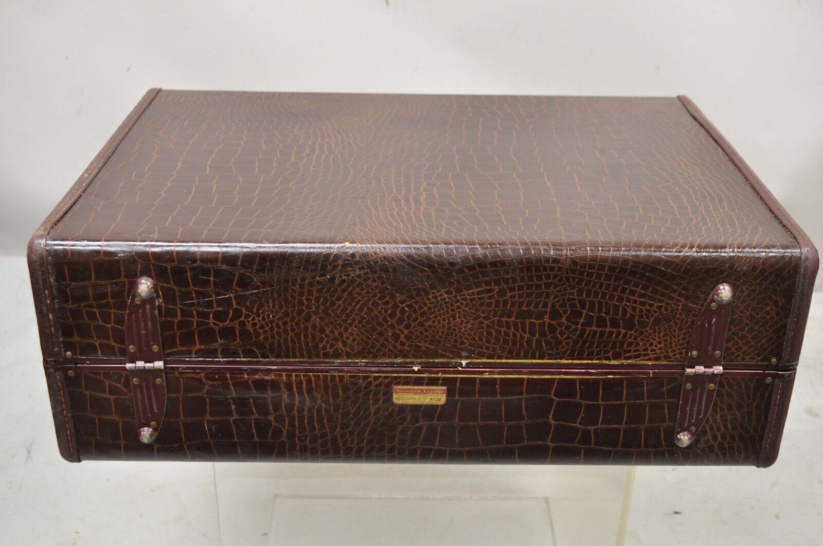 Vintage Samsonite Brown Leather Alligator Embossed Suitcase Luggage 3