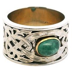 Vintage Samuel Aaron 14K White Gold Cabochon Emerald Wide Band Ring