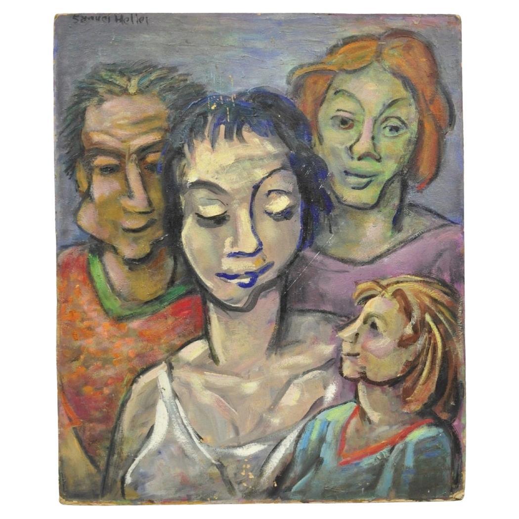 Vintage Samuel Heller "Familienporträt mit Kind B" Öl auf Karton Gemälde signiert