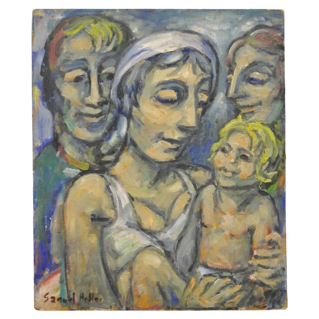 Vintage Samuel Heller "Familienporträt mit Kind" Öl auf Karton, signiert