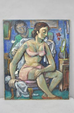Vintage Samuel Heller "Sitzende Frau in Unterwäsche" Öl auf Leinwand Gemälde