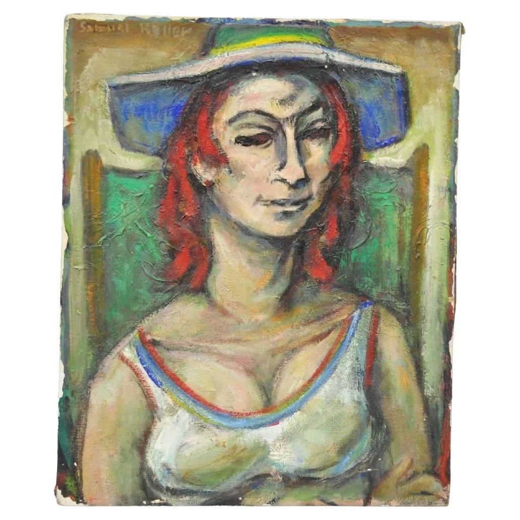 Vintage Samuel Heller "Frau mit rotem Haar" Öl auf Leinwand Porträtmalerei signiert