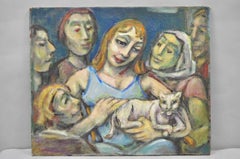 Vintage Samuel Heller "Frauen mit Katze" Öl auf Leinwand Porträtmalerei signiert