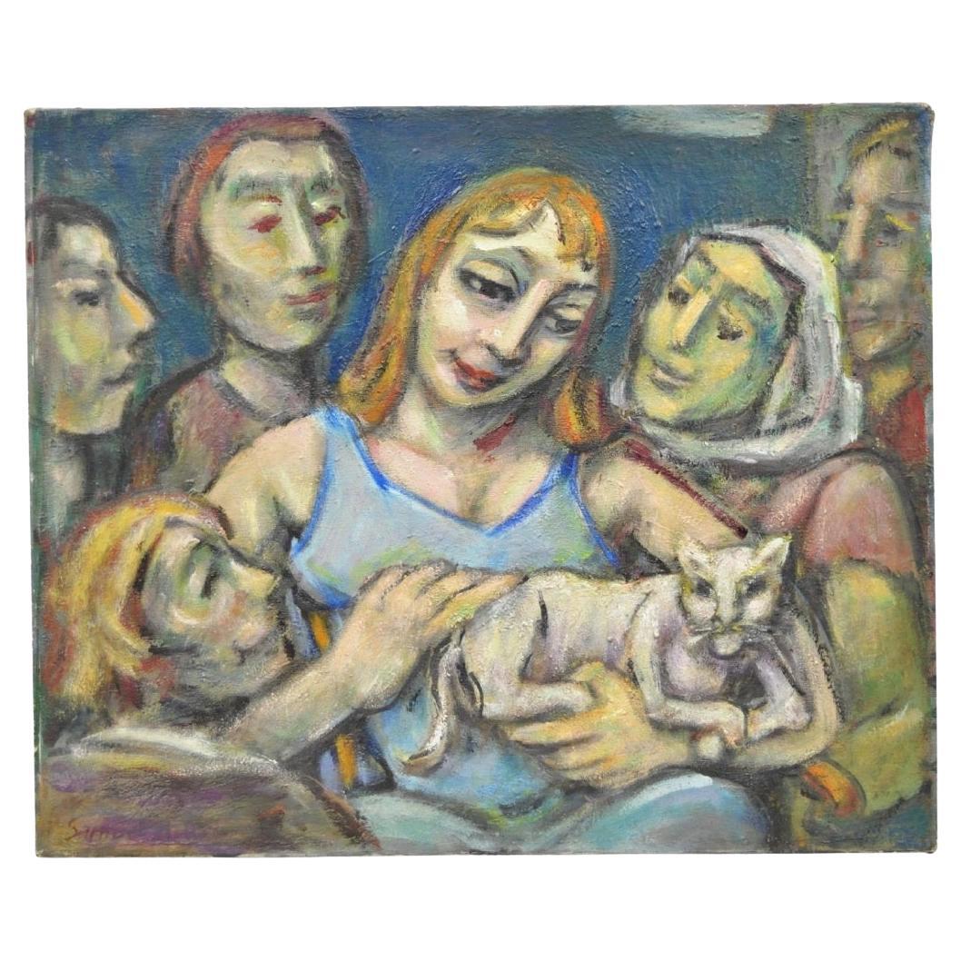 Vintage Samuel Heller "Frauen mit Katze" Öl auf Leinwand Porträtmalerei signiert